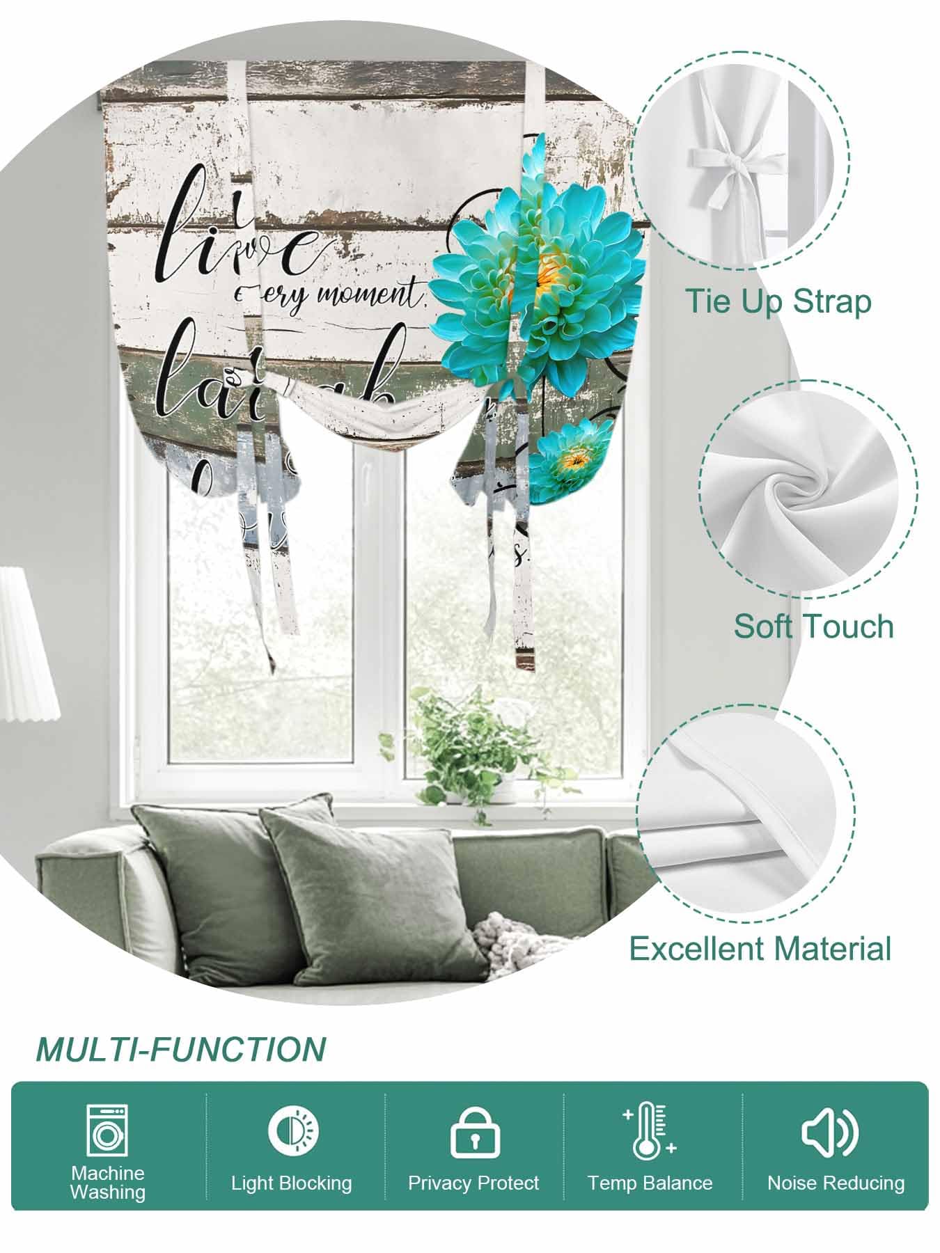Tie Up Curtains for Windows Teal Floral Roman Shade 52 x 45 Inch Bathroom Curtains Window Farmhouse Green White Blue Wooden Rod Pocket Short Balloon Curtains for Living Room Kitchen Small Blinds