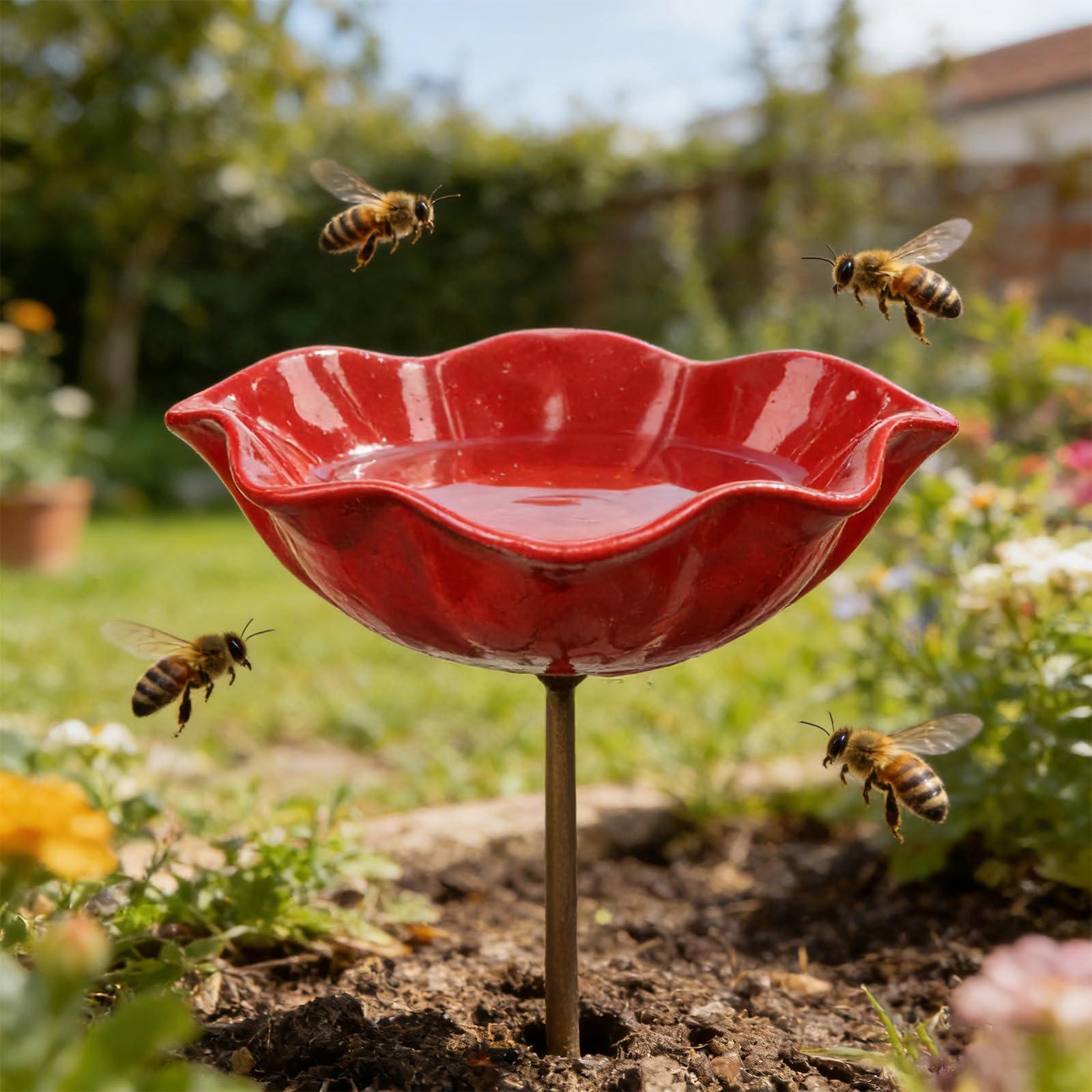 Mangiatoia per uccelli da giardino in metallo, decorazione per esterni con raccoglipioggia per uccelli e stazione di irrigazione per api per colibrì, 60 cm
