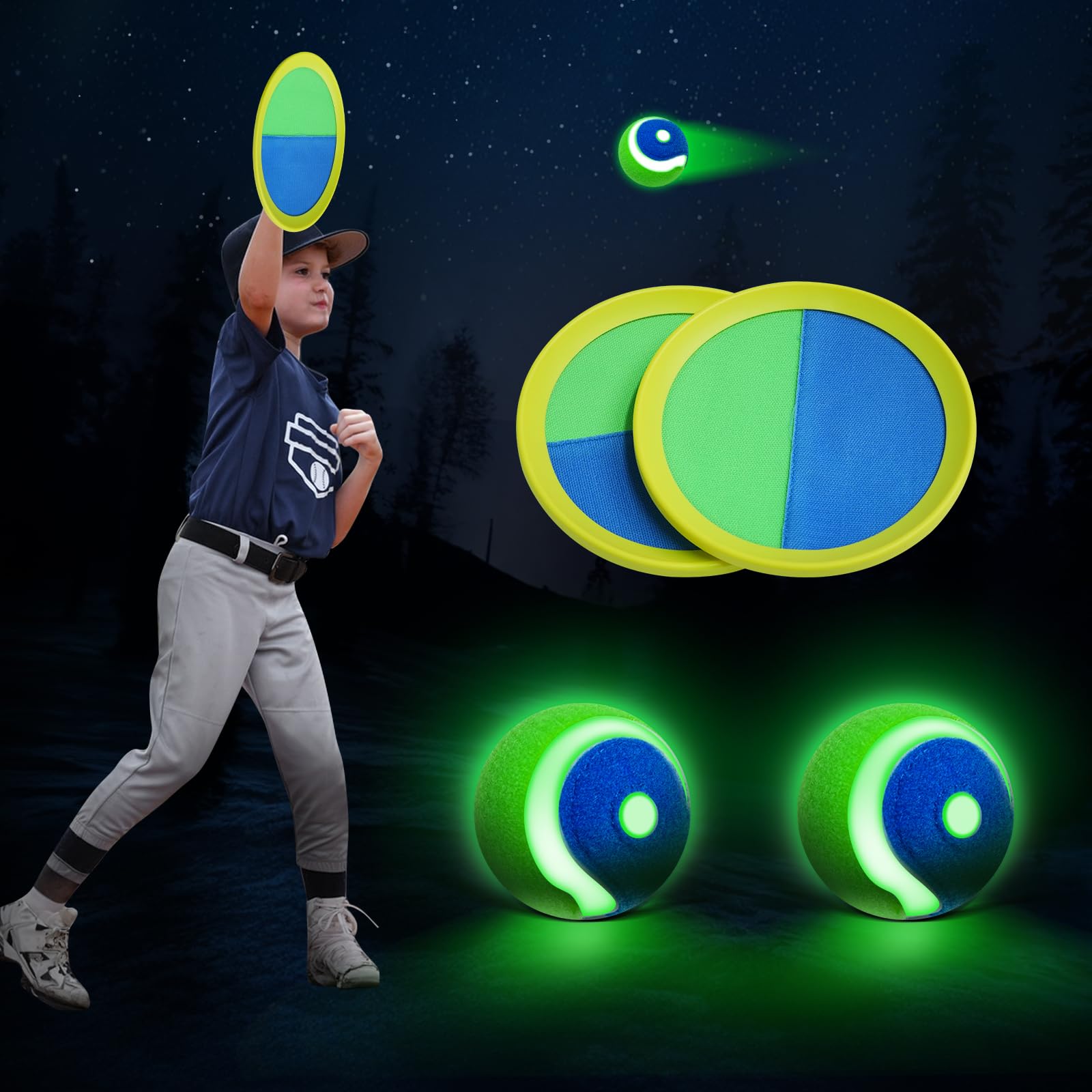 Raditoss LED Toss and Catch Ball Set – Glow-in-The-Dark & Daytime Play with Rechargeable Light-Up Balls, Includes 2 Paddles & 2 Balls – Indoor & Outdoor Toy for Kids, Toddlers & Adults Fun