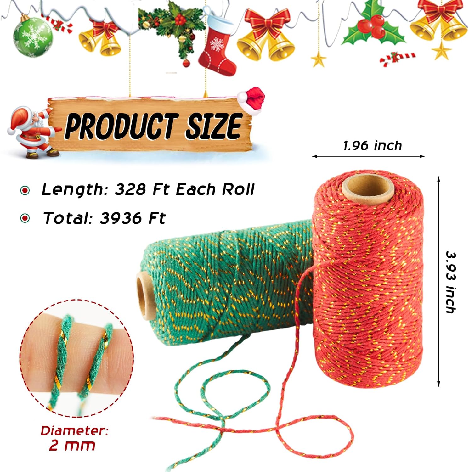 12 Rolls Christmas Twine Cotton String 328 Feet/Roll Colored Christmas Twine Bakers String for Gift Wrapping, Crafts, Baking, Xmas Holiday Decorations (Mix Colors)