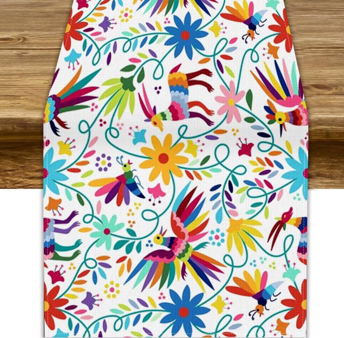 JanJCurt Ethnic Mexican Table Runner, Mexico Dia De Los Muertos Decoration Vintage Animals Birds Flowers Print Table Runner for Home Kitchen Dining Room Decor, 13x120inch