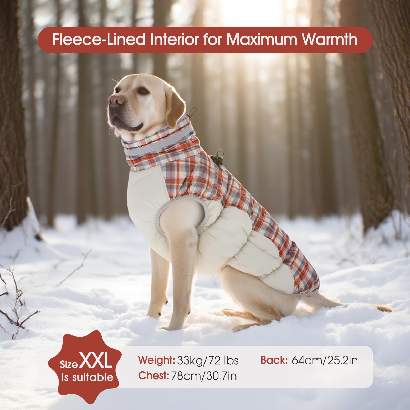 FUAMEY Cappotto invernale per cani con giacca e imbracatura integrati, cappotto per il freddo, con imbottitura e vestiti riflettenti, a quadri rossi da S a XXL