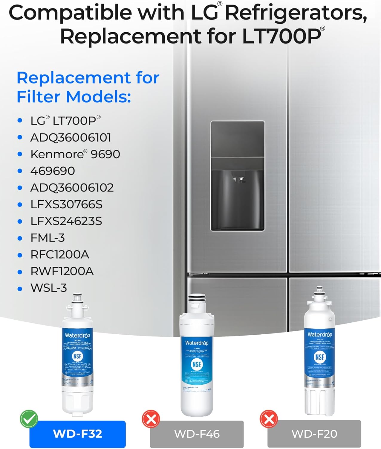 Waterdrop ADQ36006101 Replacement for LG® LT700P® Refrigerator Water Filter, Kenmore® 9690, 469690, ADQ36006102, LFXS30766S, RFC1200A, FML-3 and LT120F® Fresh Air Filter, 3 Combo