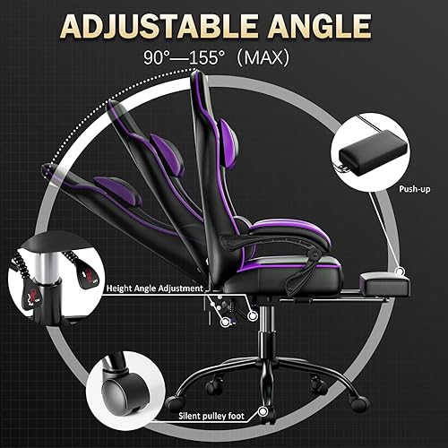 Miniatura 7 de Silla ergonómica para juegos con reposapiés, sillas de videojuegos de piel sintética para adultos, silla reclinable de oficina con soporte lumbar,