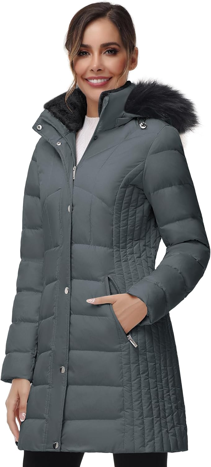 SLOW DOWN Women Winter Down Puffer Coat Warm Hooded Mid-Length Down Jacket for Women with Faux Fur Trim Hood and Pile Collar - Image 2
