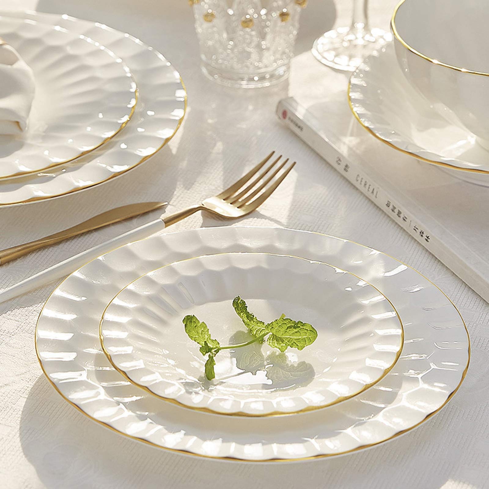 Zestaw naczyń / talerzyków / misek, ceramiczne zestawy obiadowe, 60-częściowy zestaw zastawy stołowej z porcelany kostnej Phnom Penh | Porcelanowa miska na płatki śniadaniowe i zestaw talerzy