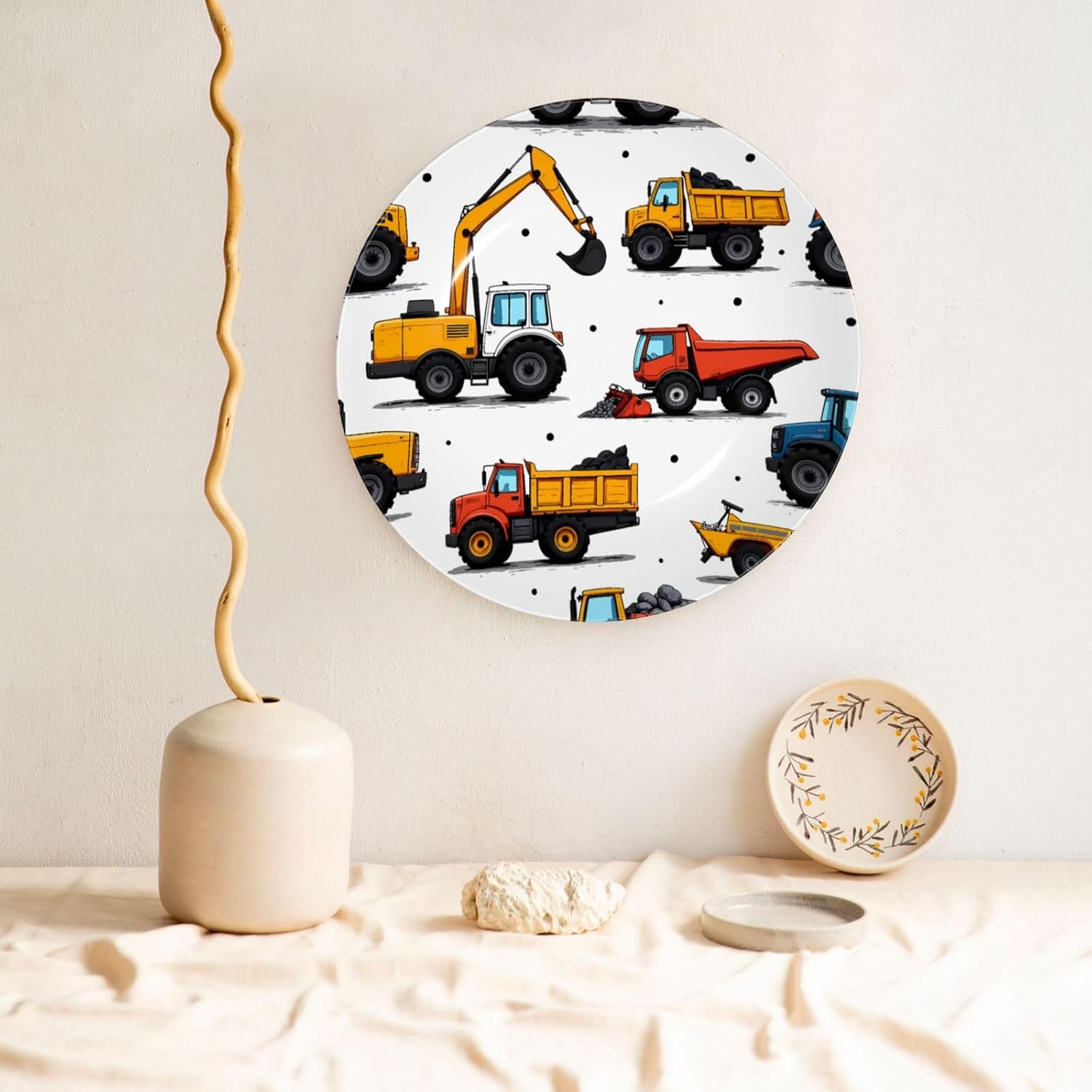 Construction Vehicle Pattern Style Ceramic Plate Display Decorative Plate With Stand Wall Hanging Plate For Home Decor 10 Inch