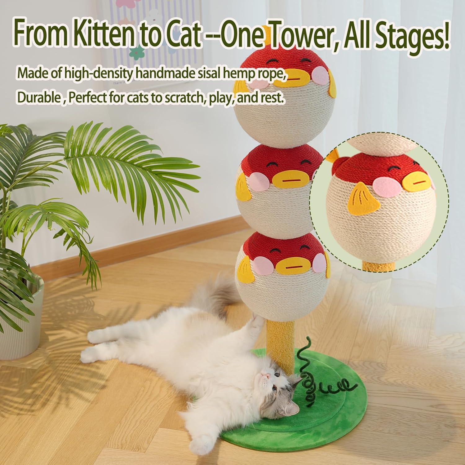 Cute Cat Scratching Post - 31.5" Tall Indoor Cat Tree Tower with Sisal Rope and Interactive Cat Toys, Featuring a Sturdy Base for Kittens and Adult Cats to Stretch Vertically