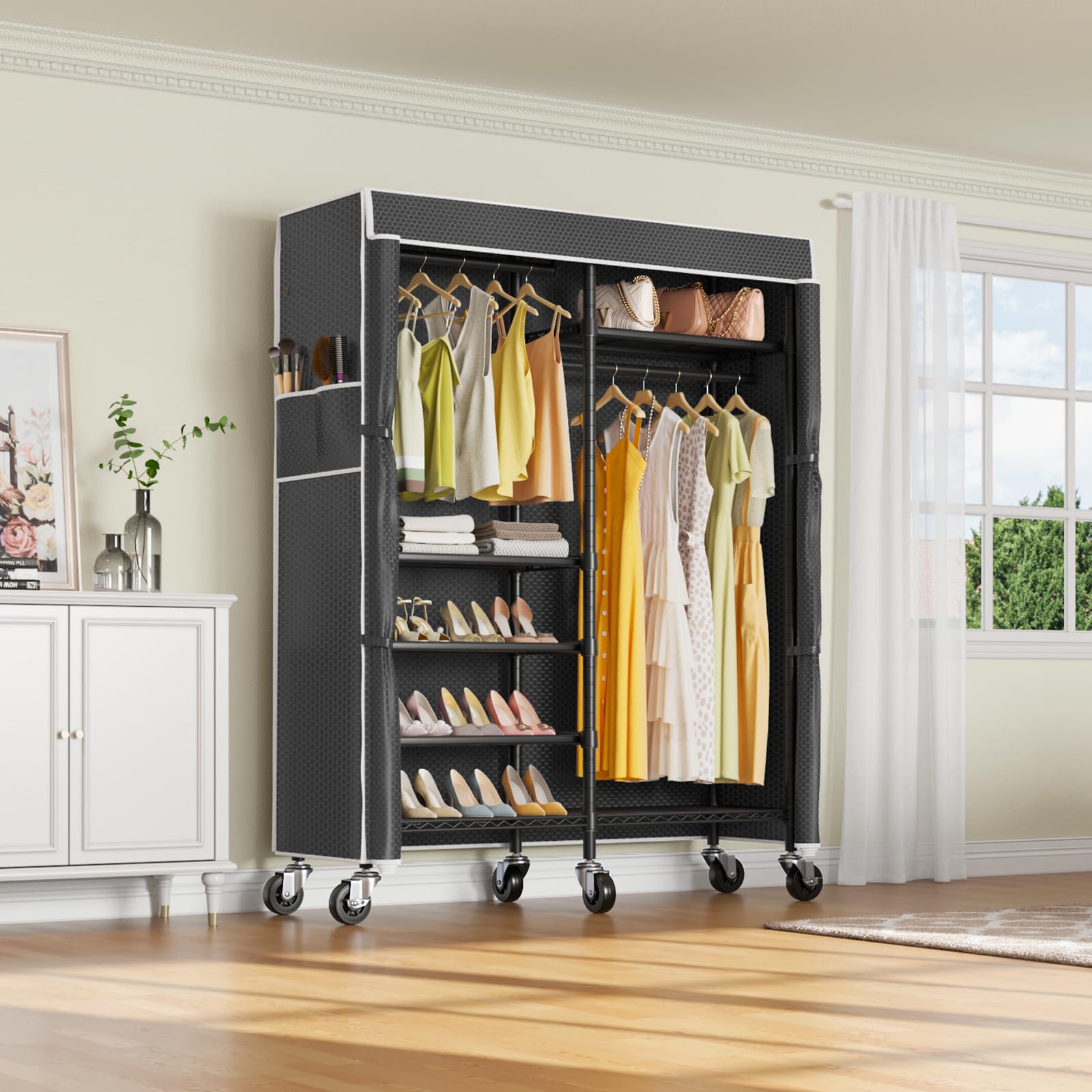 VIPEK V14C - Perchero portátil con ruedas para ropa, 6 niveles, resistente y ajustable, con ruedas bloqueables, para armario, con funda de tela Oxford negra, carga máxima de 600 libras