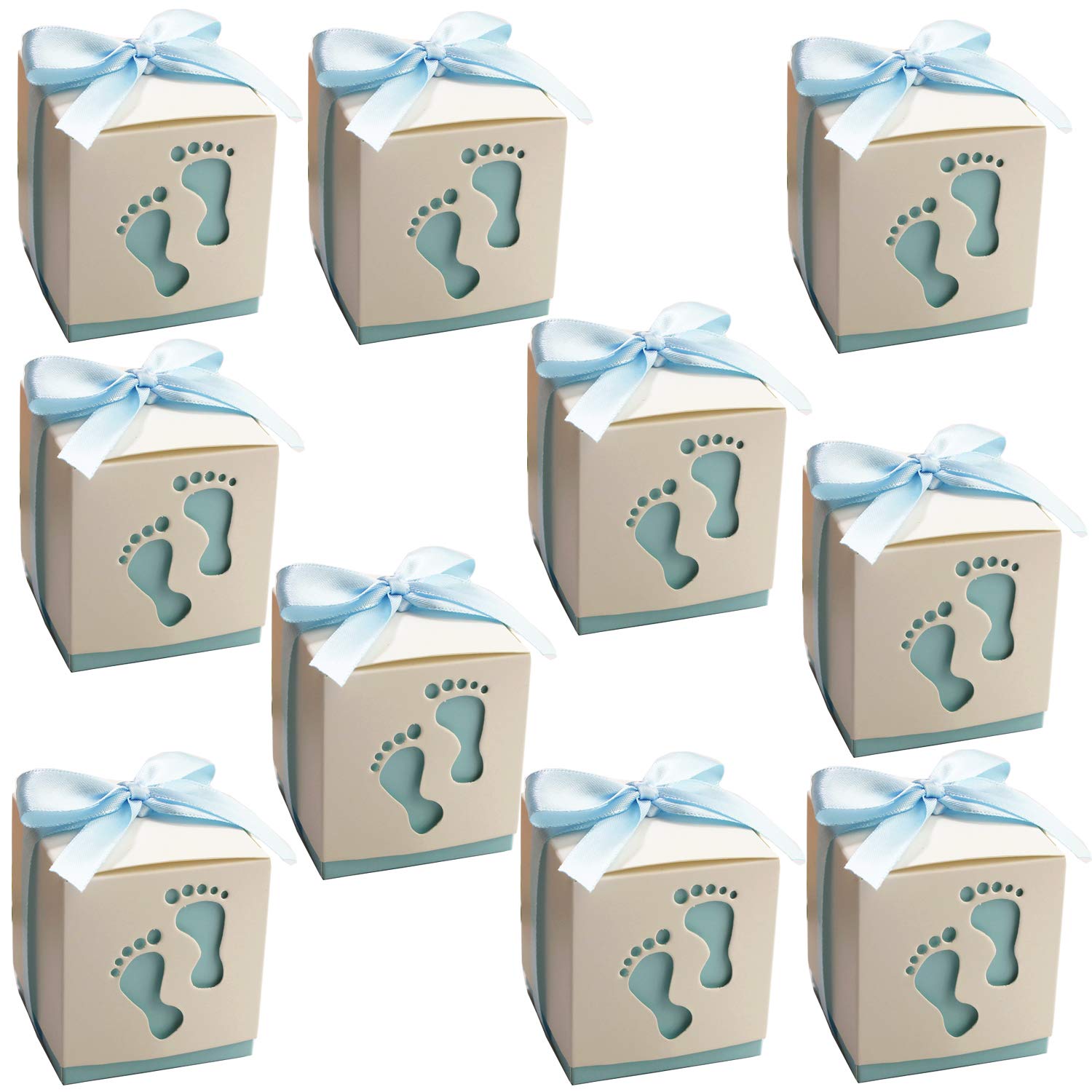 RasuImpex Pack of 10pcs 2.4" Mini Baby Shower Candy Favor Box (6x6x6) cm Gift Boxes Party Favor Boxes Paper Treat Boxes with Craft Ribbon and Cute Footprints for Baby Shower Party (Blue) #RasuDecor (B08X6LRF2G) Amazon Price History, Amazon Price Tracker