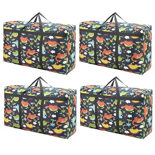 4 Pack 28 Gallon Heavy Duty 600D Oxford Moving Bags Extra Large Storage Bags Dinosaur Packing Bags with Strong Handles & Zippers College Dorm & Home Supplies for Moving, Storage, Travel
