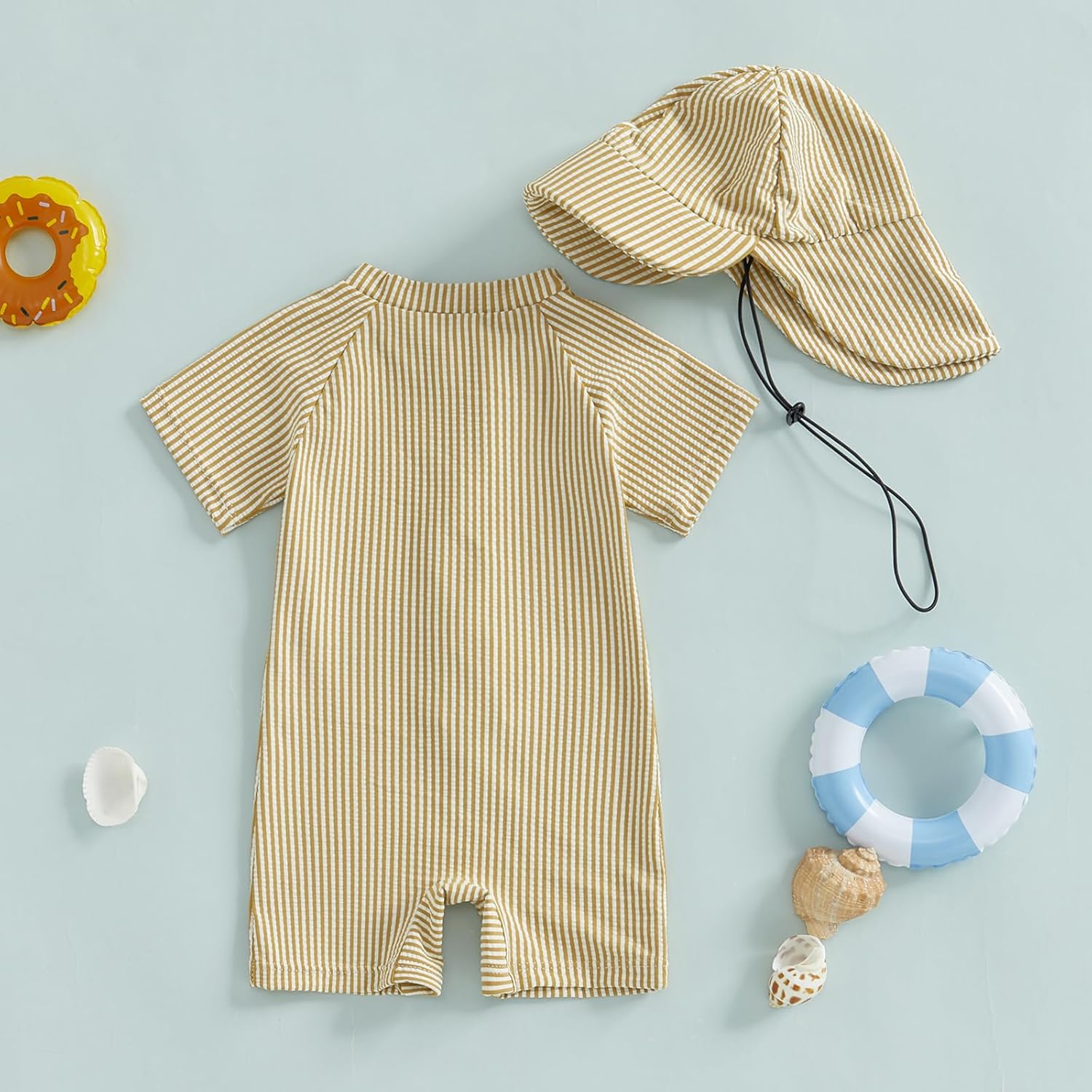 Toddler Baby Boys Seersucker Short Sleeve One Piece Rash Guard Swimsuit Zipper Bathing Suit Swimwear with Hat - Image 4