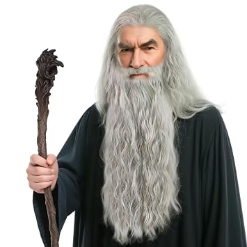 JoneTing Grey Wizard Wig and Beard Silver Gray Curly Wigs for Men Long Grey Fluffy Beard Wig for Adults Wizard Cosplay Hair Funny Father Time Costume for Halloween Christmas Party Outfit+Hair Cap