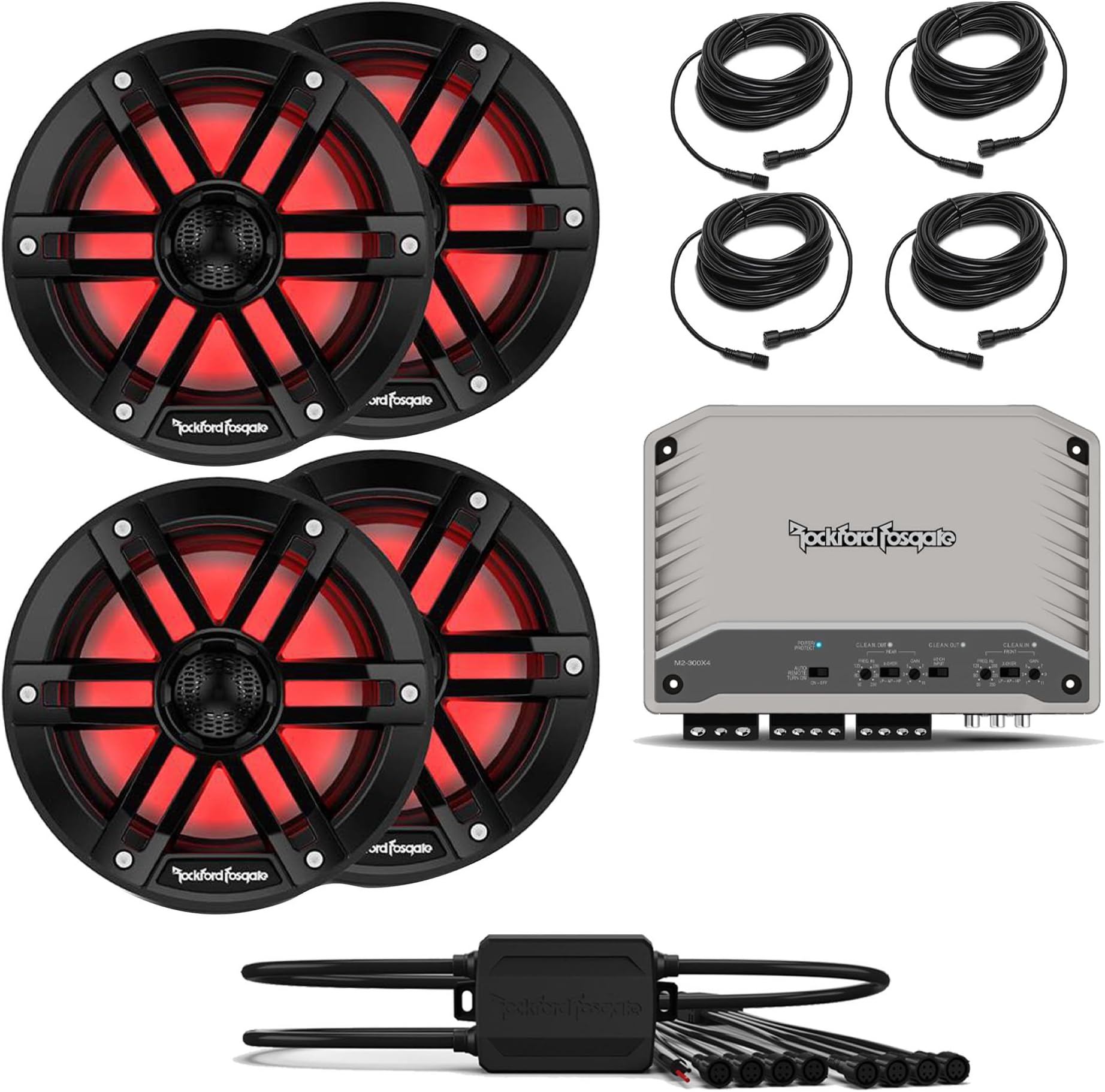 Rockford Fosgate M2-300X4 4 Channel Marine Amplifier with 2 Pairs M1-65B M1 Series 6.5" Marine Black + (1) PMX-RGB Optix Light Controller + (4) RGB-25 25' Extension Cable
