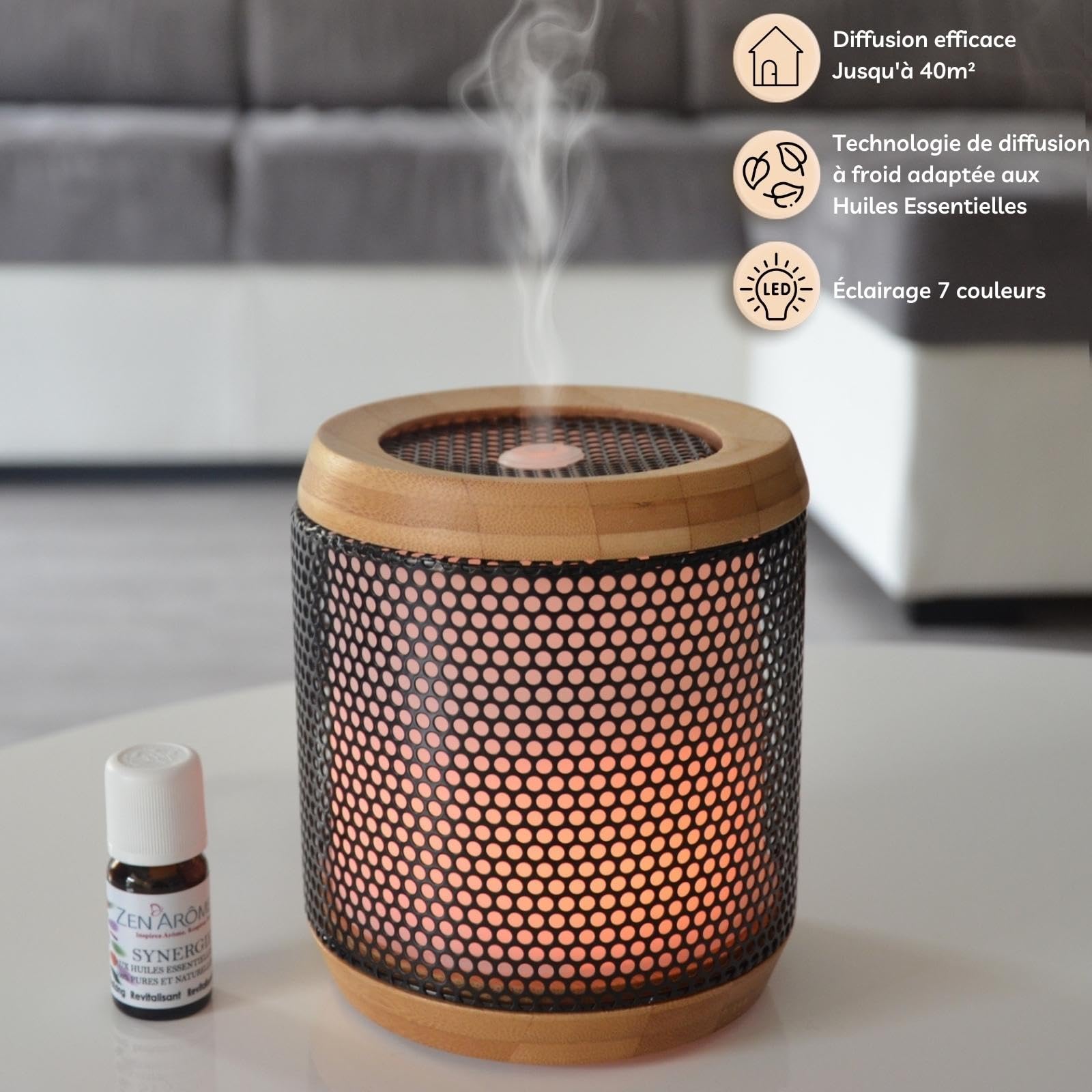 Zen'Aromat dyfuzor olejków eterycznych Elipsja - ultradźwiękowy dyfuzor aromaterapia na zimno - Elektryczny dyfuzor zapachowy do domu - wielofunkcyjne oświetlenie LED - naturalne materiały bambusowe i