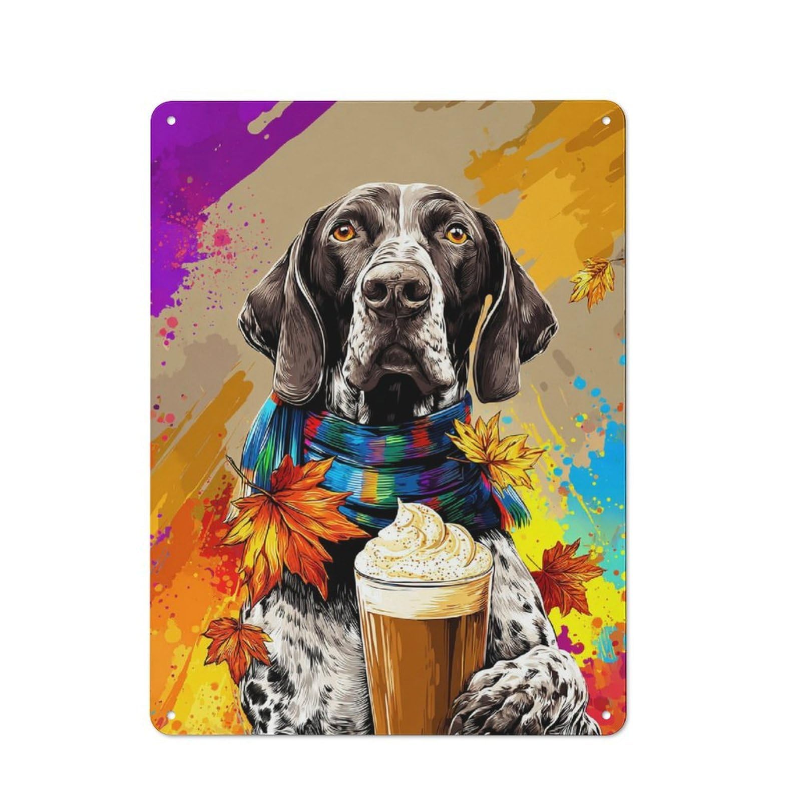 Junmoney Autumnal Pup With Pumpkin Spice Latte -1 Simple Retro Metal Wall Plaque 40X30cm, Creative Space Decor For Office, Study, Studio Or Hallway