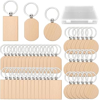 TAICHEUT 60 Pieces Wooden Keychain Blanks with Storage Box, Laser Engrav...