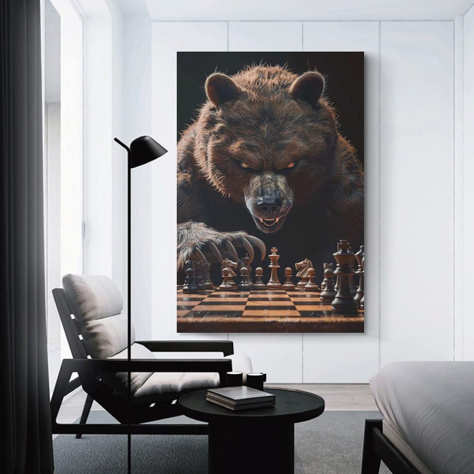 Junmoney Canvas Wall Decor Grizzly Bear Chess, 20x30inch(50x75cm), for Gallery Wall Decor And Room Displays, An Easy Match for Collected Prints