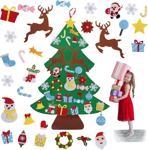 DIY Felt Christmas Tree Decorations,Kids Felt Christmas Tree with 33pcs Detachable Christmas Ornaments Wall Decor Xmas Tree Gifts for New Year Home Door Hanging Decoration