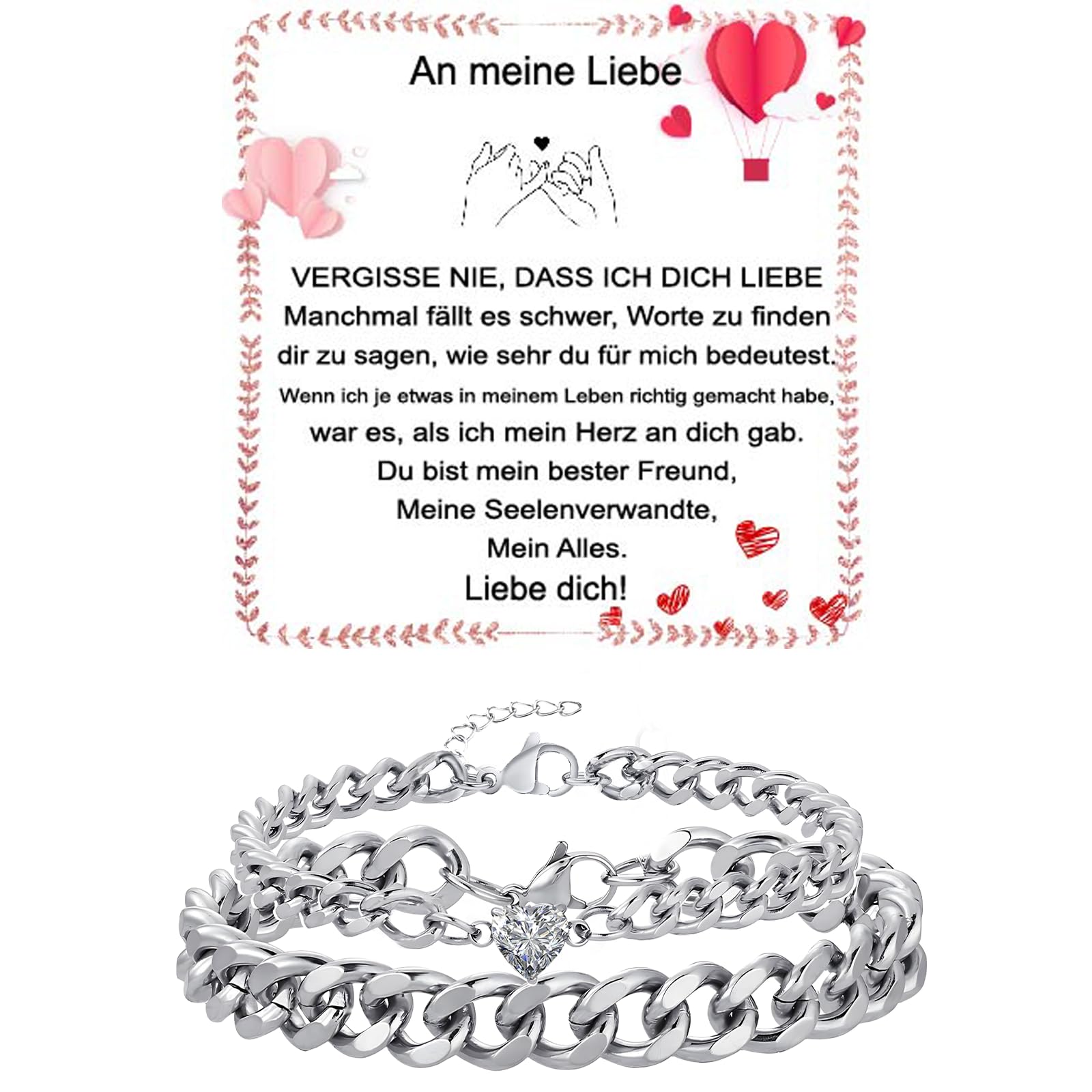 Fehki Edelstahl Paar Armband | Kubanische Kette verstellbar | Romantisches Geschenkset für Paare zum Valentinstag, Jahrestag & Geburtstag