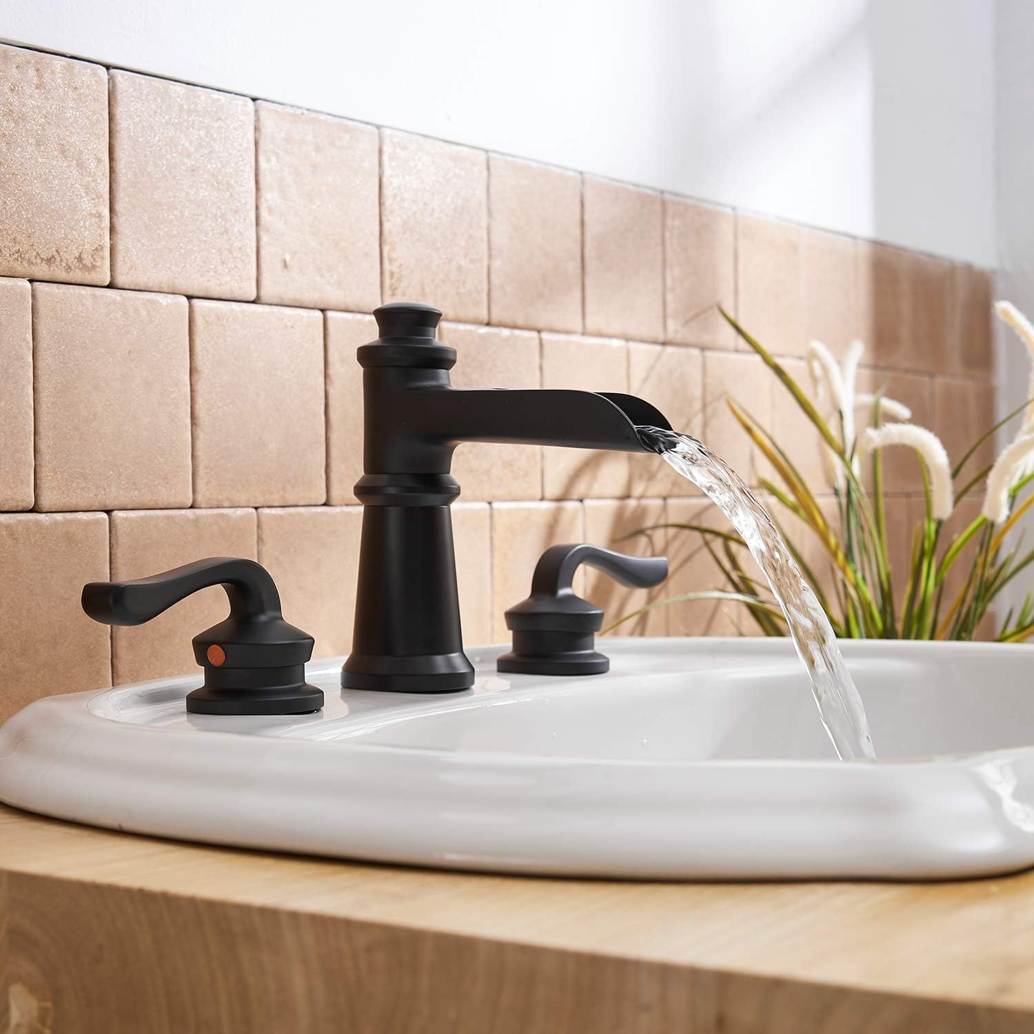 BWE Widespread Bathroom Faucet 3 Holes Matte Black with Pop Up Drain Assembly and Supply Hose Waterfall Black Two-Handle 8-16 inch Bathroom Faucet Lavatory Basin Mixer Tap