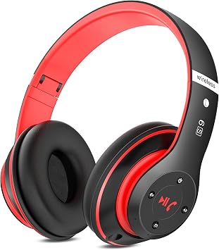 Rebocico Bluetooth Headphones Over Ear, 6 EQ Modes Wireless Headphones Over Ear,65 Hours Playtime Foldable Lightweight Wireless Headphones,with Built-in HD Mic, FM, SD/TF for PC/Home Black & Red