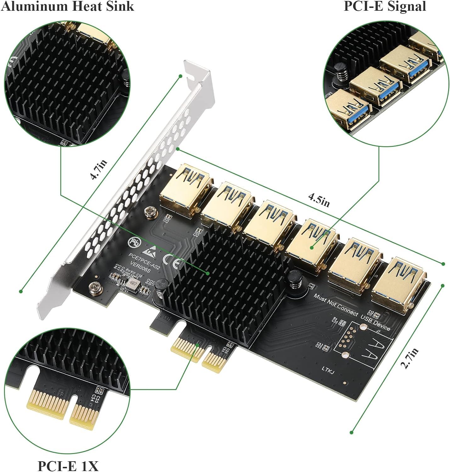 PCIe 1 to 6 PCI Express 16X Riser Card, PCI-E 1X to External 6 USB 3.0 Converter Adapter w/Large Heatsink, PCIE Splitter Multiplier Extender Board for GPU Ethereum Bitcoin Crypto Mining Rig