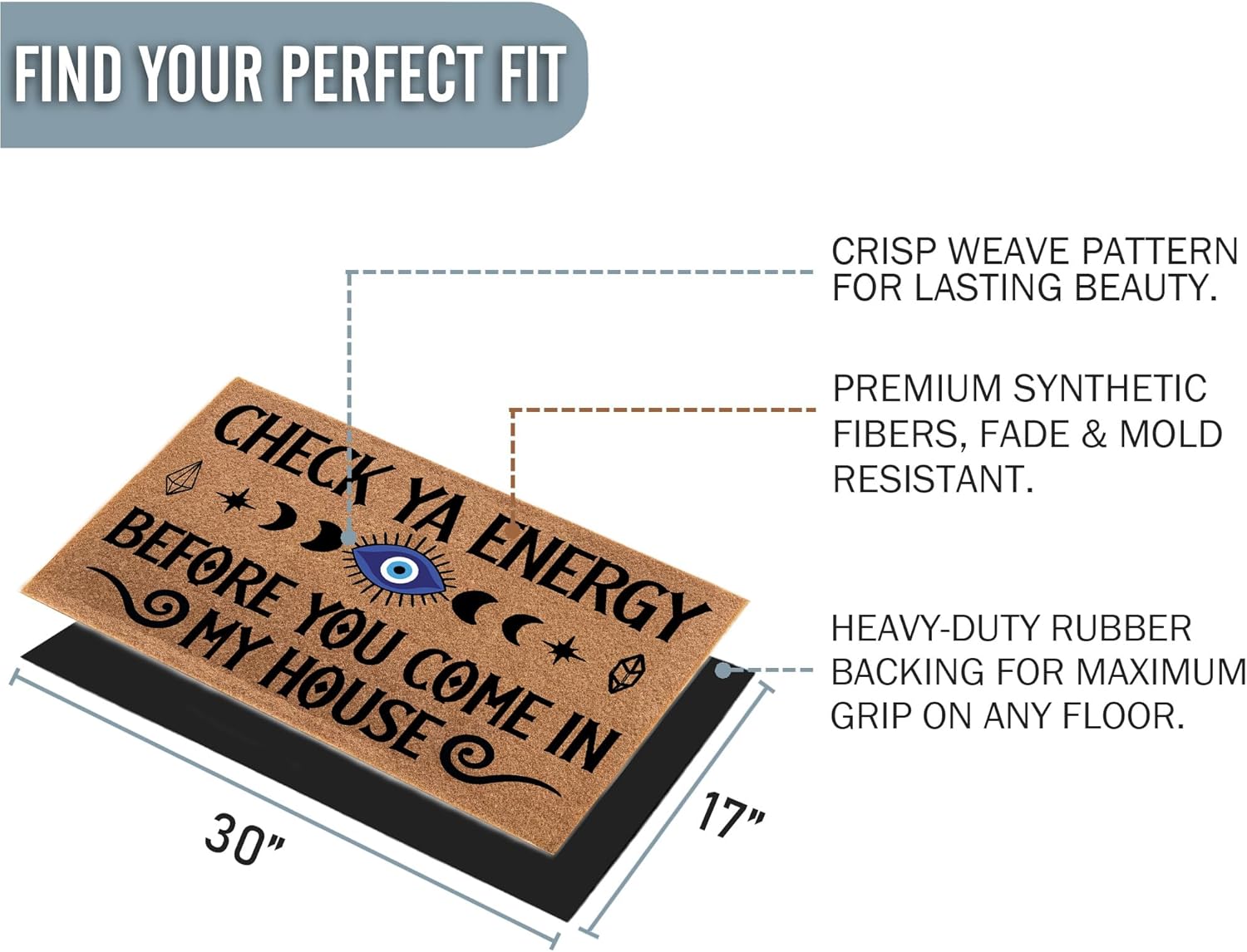 Faux Coir Check Ya Energy Funny Welcome Mat, 30x18 Inch Heavy Duty Door Mat, Slip-Resistant Entrance Doormat for Indoor & Outdoor Use