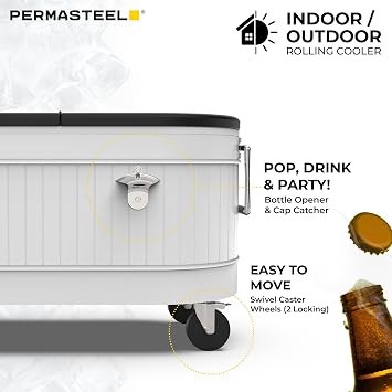 Permasteel Rolling Patio Cooler Large Outdoor Ice Chest with Wheels, Beverage Cooler for Backyard, BBQ, Tailgate, Beach, Parties, Rustic Farmhouse Design