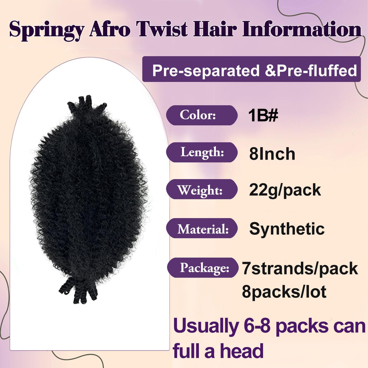 Afro Twist Hair 8 Inch Marley Twist Braiding Hair 8 Packs Springy Afro Twist Hair 1B Cuban Twist Natural Black Spring Twist Synthetic Wrapping Hair for Soft Locs