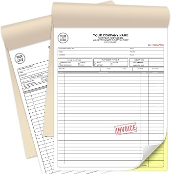 Custom Sales Invoice Personalized Carbonless NCR Forms with Company Name/Logo Personalized Invoice, Receipt Book, Work Sales Purchase Orders, Estimates, Quote Forms 8.5" x 11" - 2 Part100 Sets