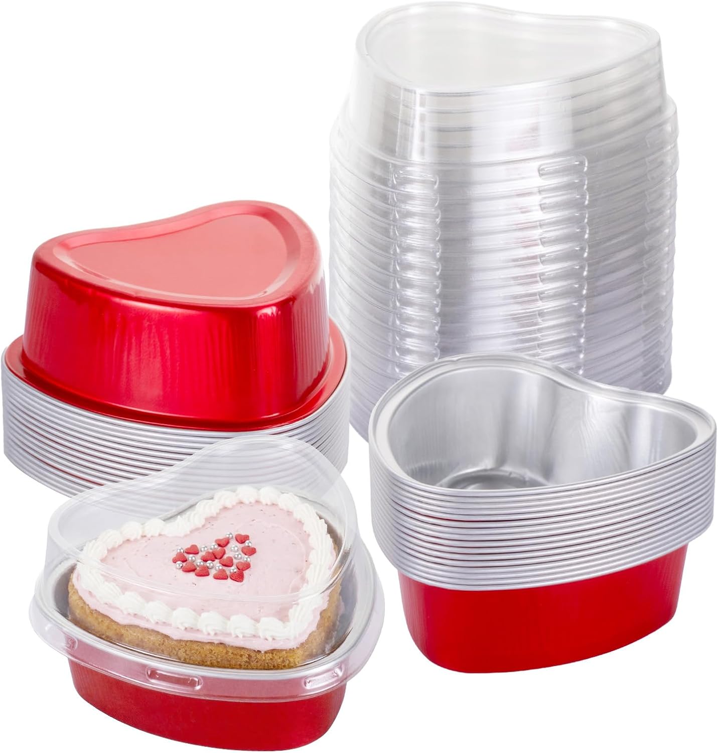 Mini Heart Shaped Cake Pans for Baking with Lids, 3.4 Ounce 50 Sets
