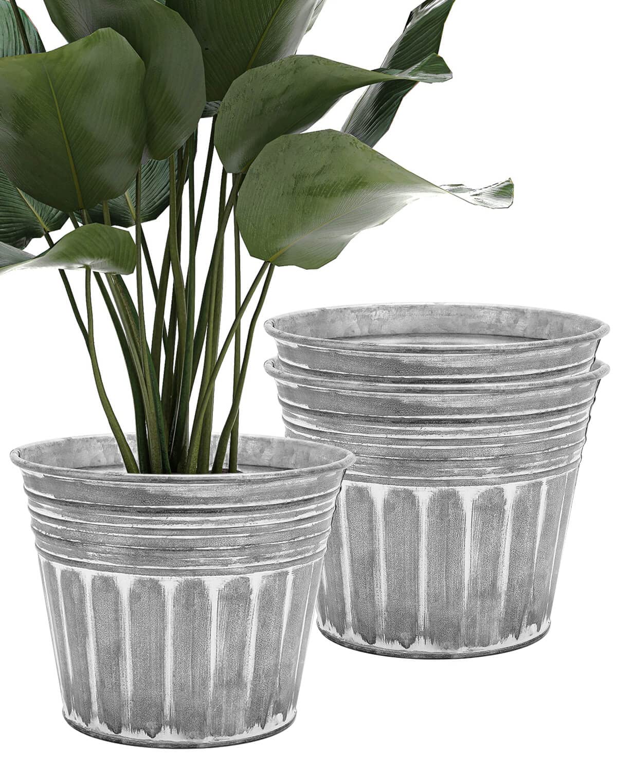vensovo12 Inch Silver Metal Rustic Plant Pots - 3Pcs Large Galvanized Flower Pots with Drain Hole and Rubber Plug, Rustproof Metal Bucket Planters Farmhouse Vintage Style for Decor