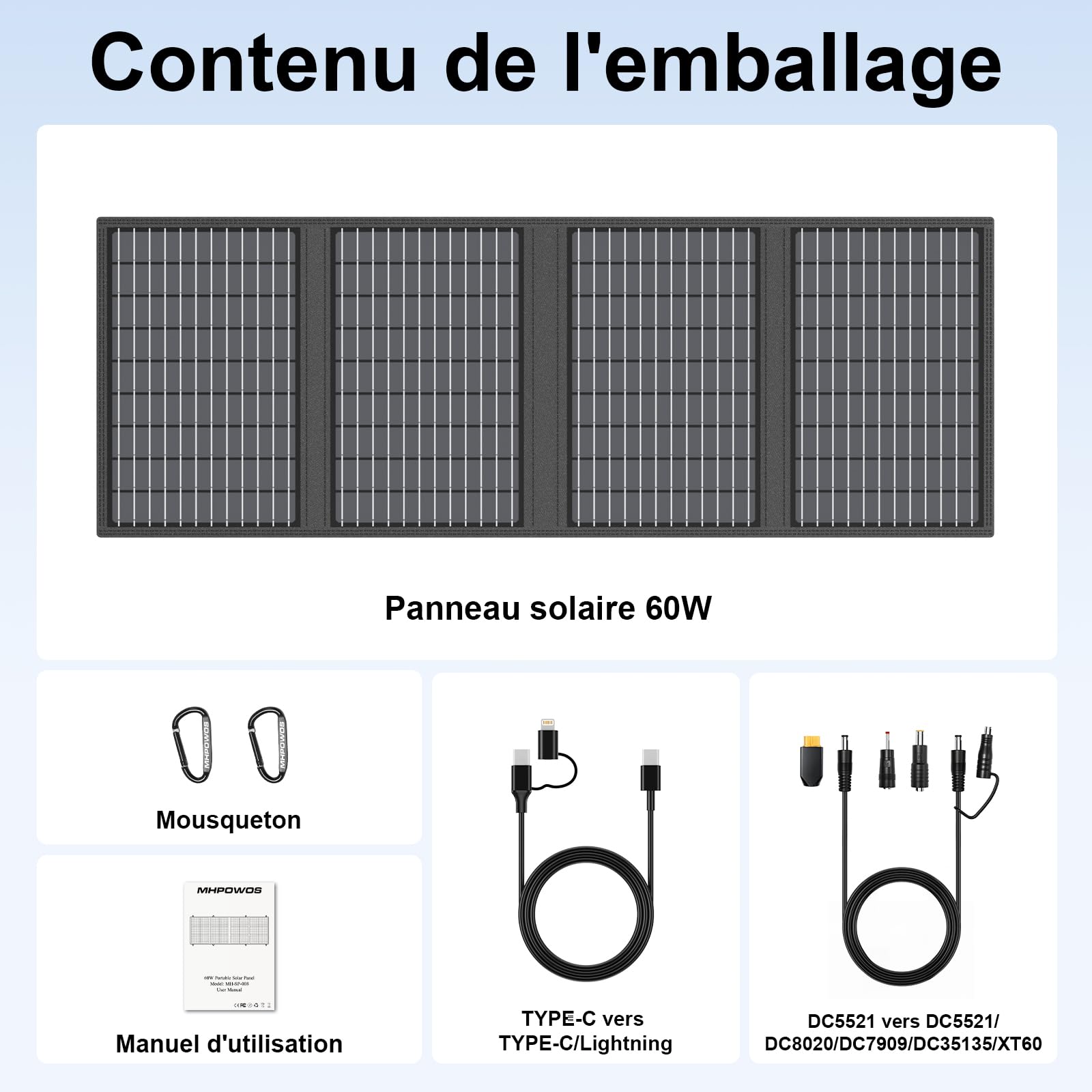 Chargeur solaire portable 60W avec support, panneau solaire pliable avec sorties USB-C, USB-A et DC, pour le la randonnée, l'alimentation de secours pour les petits générateurs électriques