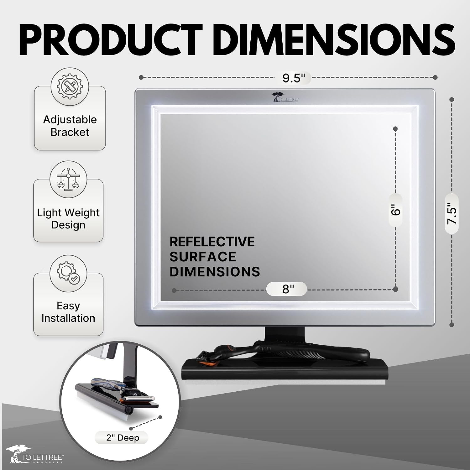 ToiletTree Products Deluxe LED Fogless Shower Mirror with Squeegee Anti-Fog Mirror - Adjustable Shaving Mirror with a Squeegee - Rust-Proof, Impact-Resistance Bathroom Shower Mirror (Pack of 2)
