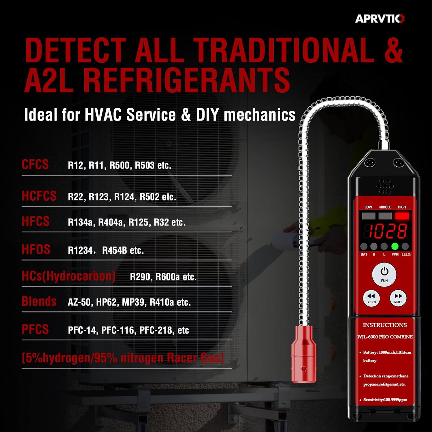 Refrigerant Leak Detector, Aprvtio WJL-6000PRO Combine A2L Freon Leak Detector Rechargeable, 0.14 oz/yr Sensitivity, Audible & Visual Alarms, Automotive AC Leak Detector for R454B R1234yf R32 R410A