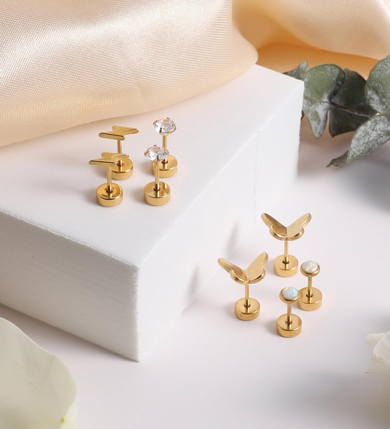 MJust Flat Back Titanium Earrings for Women & Men, 4 Pairs Hypoallergenic Titanium Earrings for Sensitive Ears, Screw Back Cartilage Earrings Set with CZ & Opal - Image 8