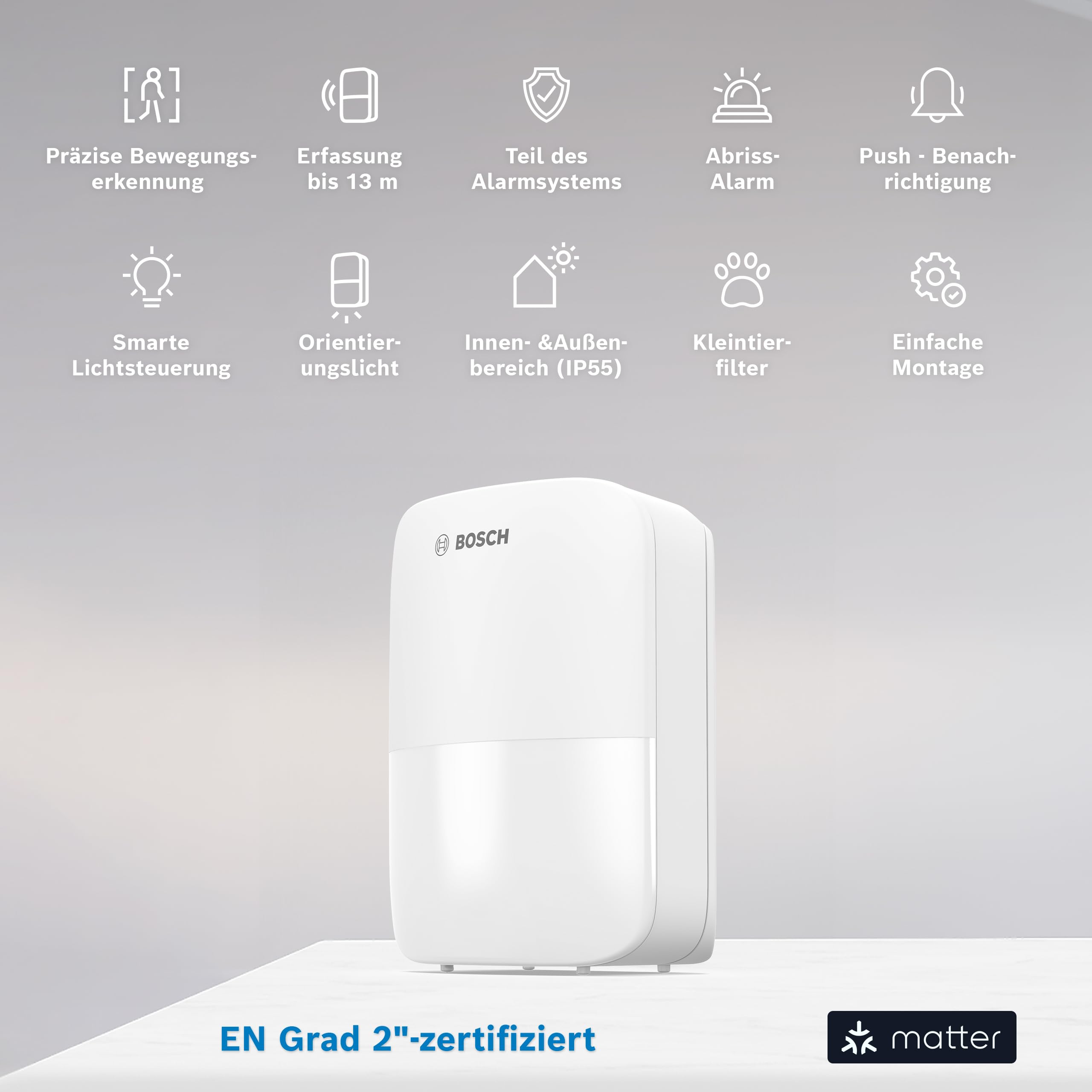 Bosch Smart Home Bewegungsmelder II [+M], Bewegungsmelder aussen und innen, EN Grad 2"-Zertifiziert, Orientierungslicht, Kleintierfilter, Erfassungsbereich bis 13 m, Matter kompatibel
