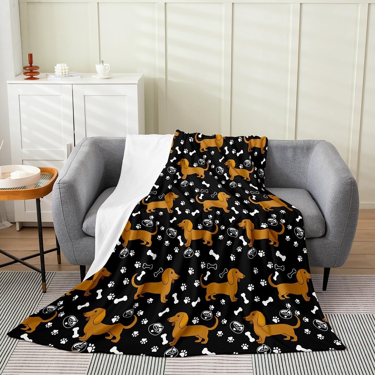Cartoon Dachshund Kids Throw Blanket Black White Paw Print Bone Graffiti Flannel Blanket for Boys Girls Teens Cute Brown Puppy Pet Animal Fleece Blanket for Office Chairs Throw 50x60