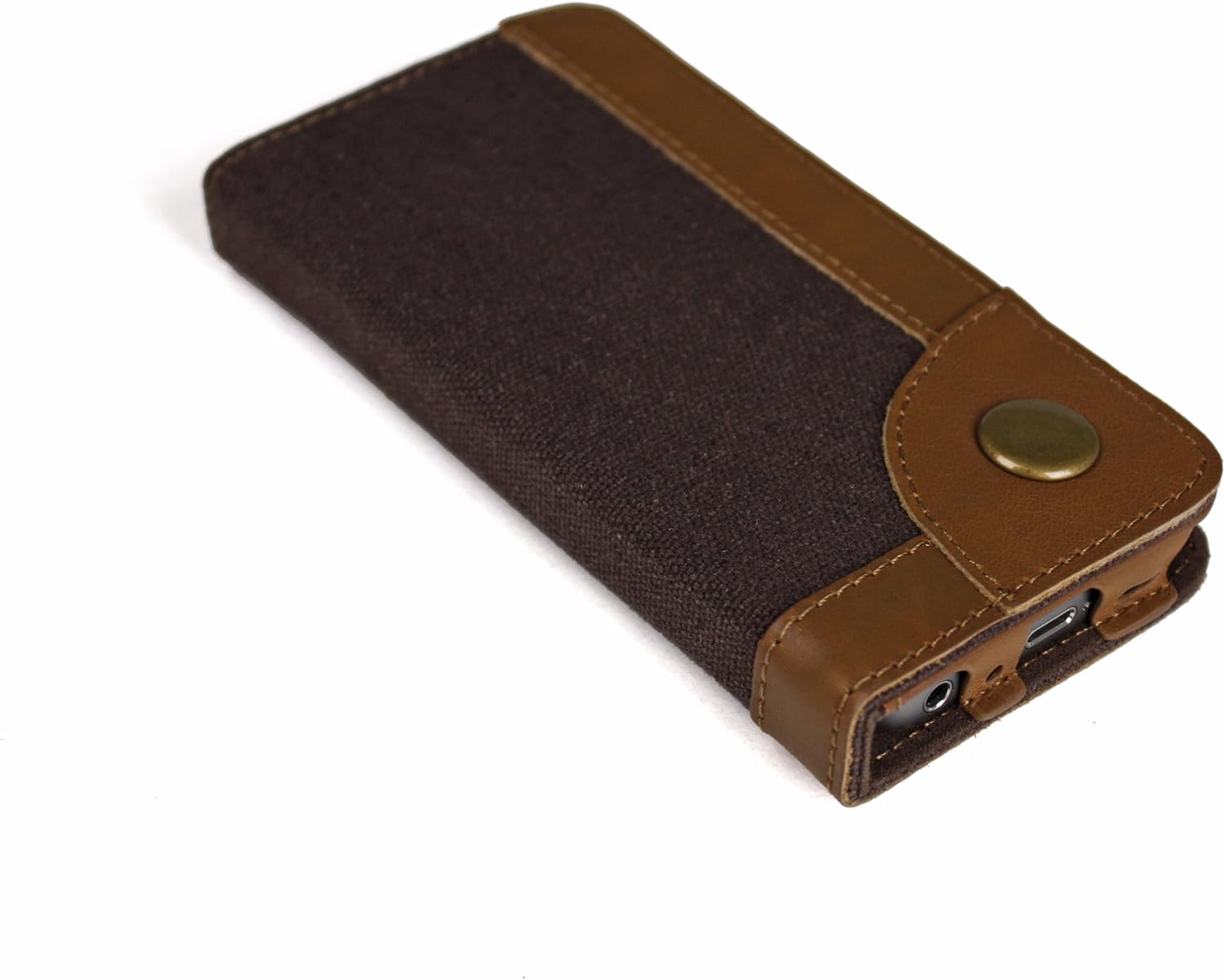 Bear Motion (TM) Luxury Denim + 100% Genuine Buffalo Hide Leather Wallet Folio Case for iPhone 5 / 5S - Brown
