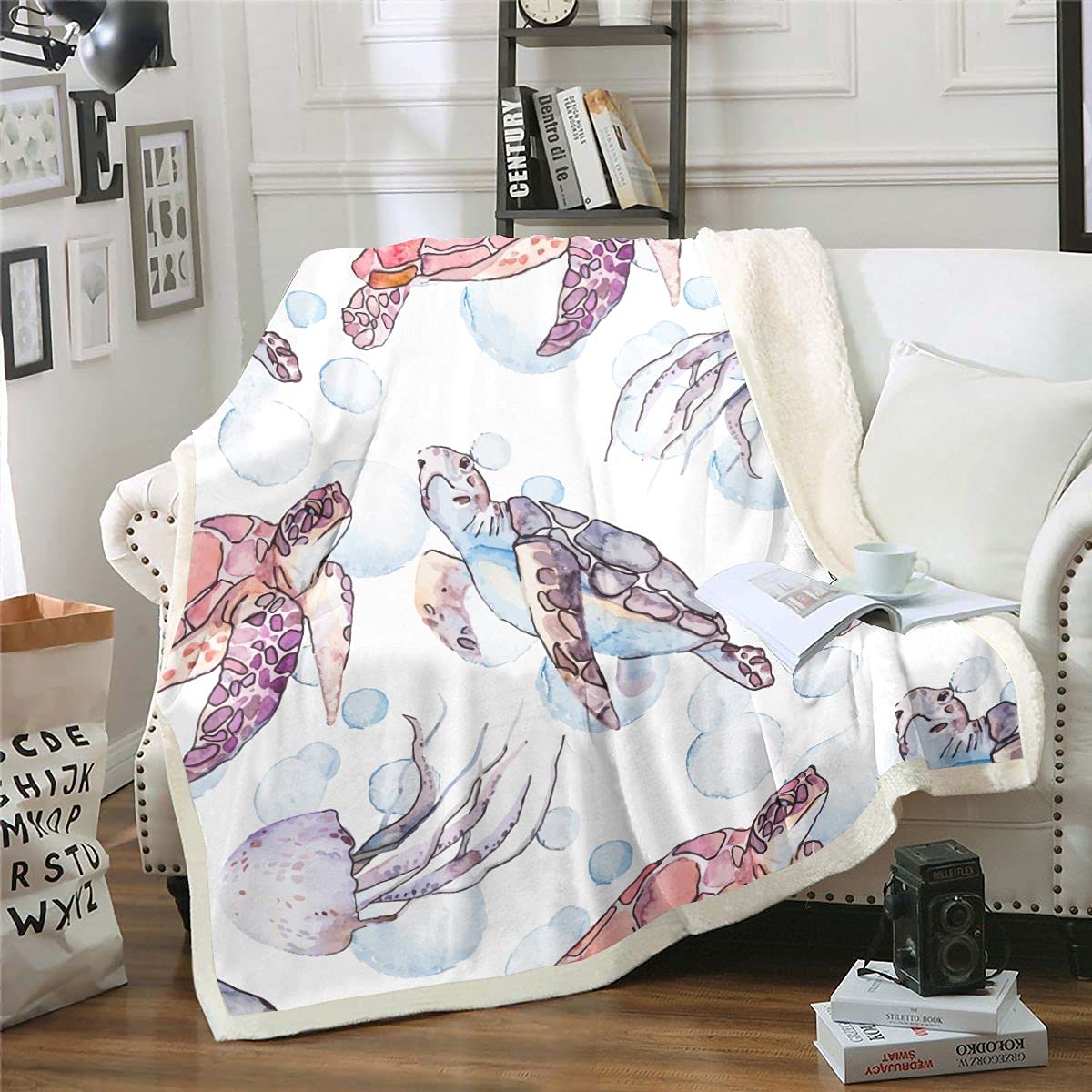 Sea Turtle Fleece Throw Blanket Blue for Bed Sofa Ocean Beach Themed Plush Blanket Retro Tortoise Bubble Sherpa Blanket Hawaiin Turtle Fuzzy Blanket for Bed Sofa All Seasons Single 50x60 Inch