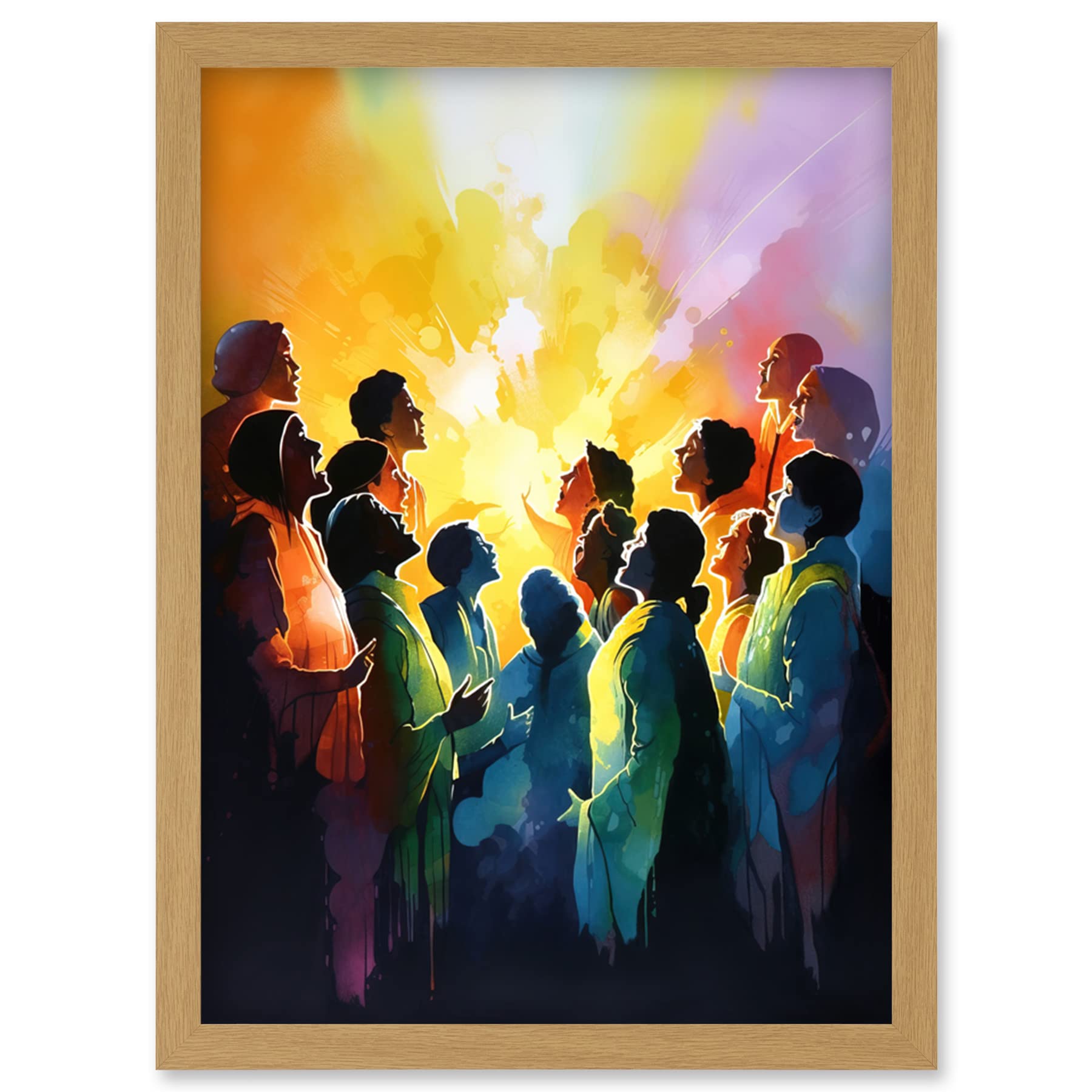 Artery8 Choir Women Singing by Bonfire Modern Rainbow Colour Watercolour Painting Artwork Framed Wall Art Print A4