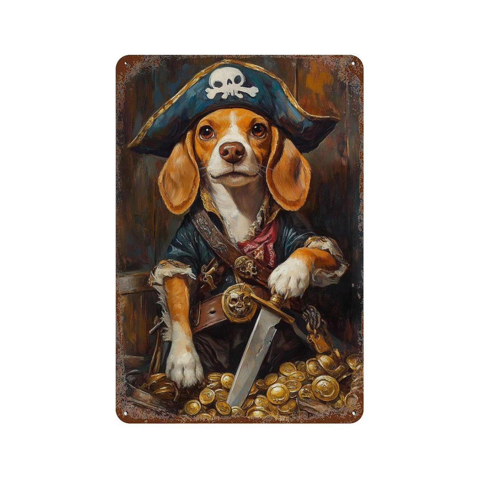 Pirate Dog Treasure Chest-3 Vintage Wall Sign 11.8"x7.9", Rust Effect Metal Decor for Bistro, Counter And Cafe Decor