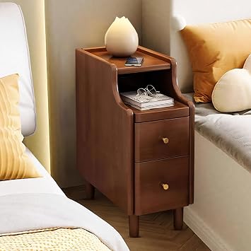 Night Stand,Small Walnut Colored Nightstand,Modern Minimalist Narrow Solid Wood Bedside Table with Drawers,for Bedroom Living Room Couchside