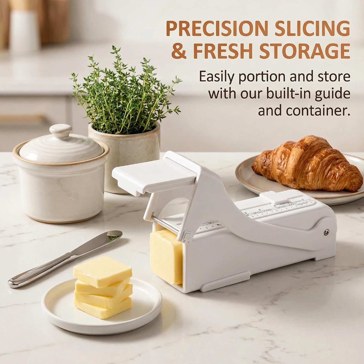 Butter Slicer & Cutter, Adjustable Thickness Butter Slicer Dispenser and Keeper, Measuring Dispenser for Butter Squares and Cheese, White