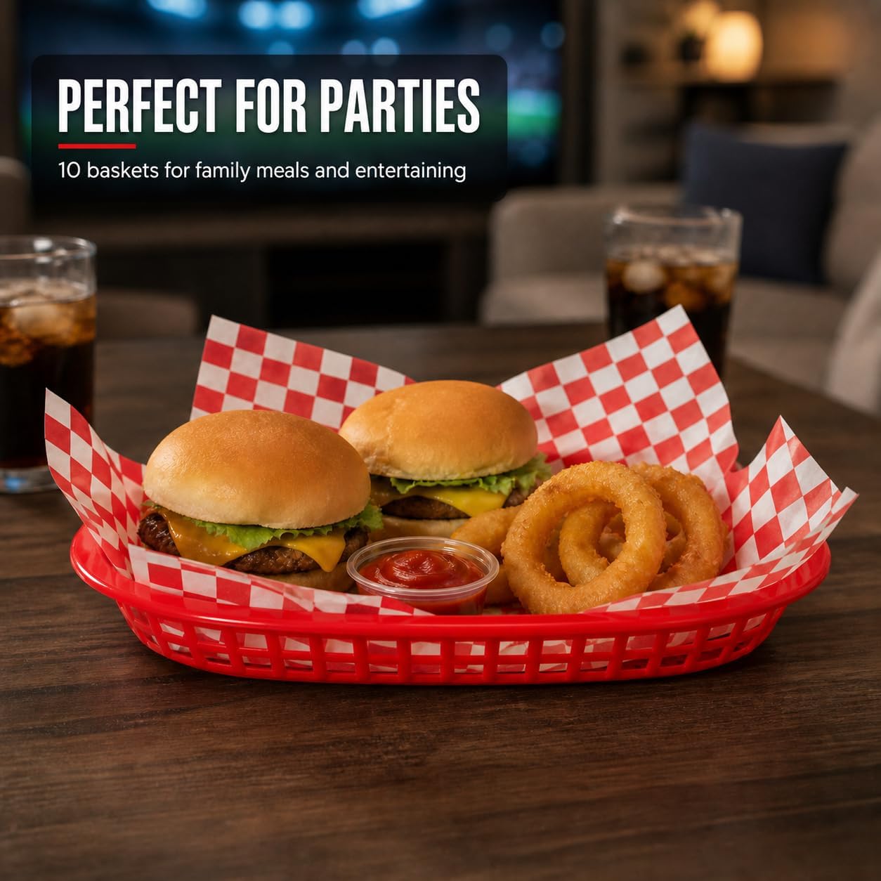 Plastic Fast Food Baskets with Checkered Deli Liners,10 Reusable Serving Baskets+100 Grease-Resistant 12" Papers,Burger&Hot Dog Tray Set for Parties, BBQ, Restaurants (Red Baskets)
