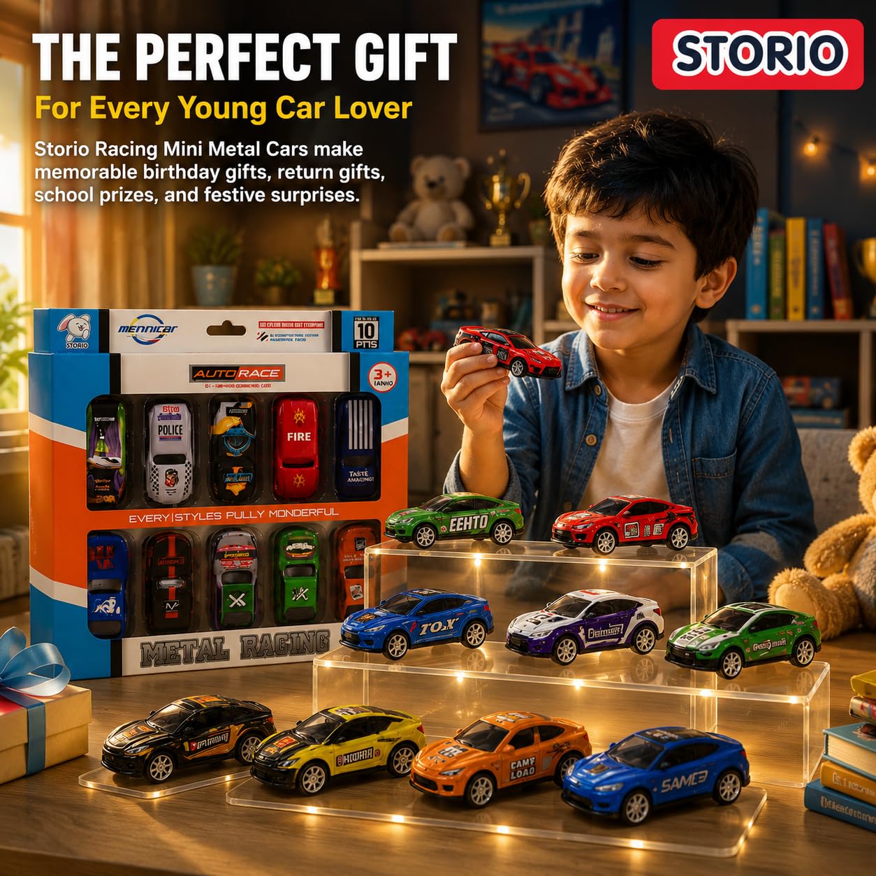 Storio Pack of 10 Racing Mini Metal Cars Set for Kids | Pull Back Vehicles | Khilona Car Toy Set for Boys | Birthday Gift, Return Gift, Diwali Toys (Racing Cars), Assorted — Amazon image 6