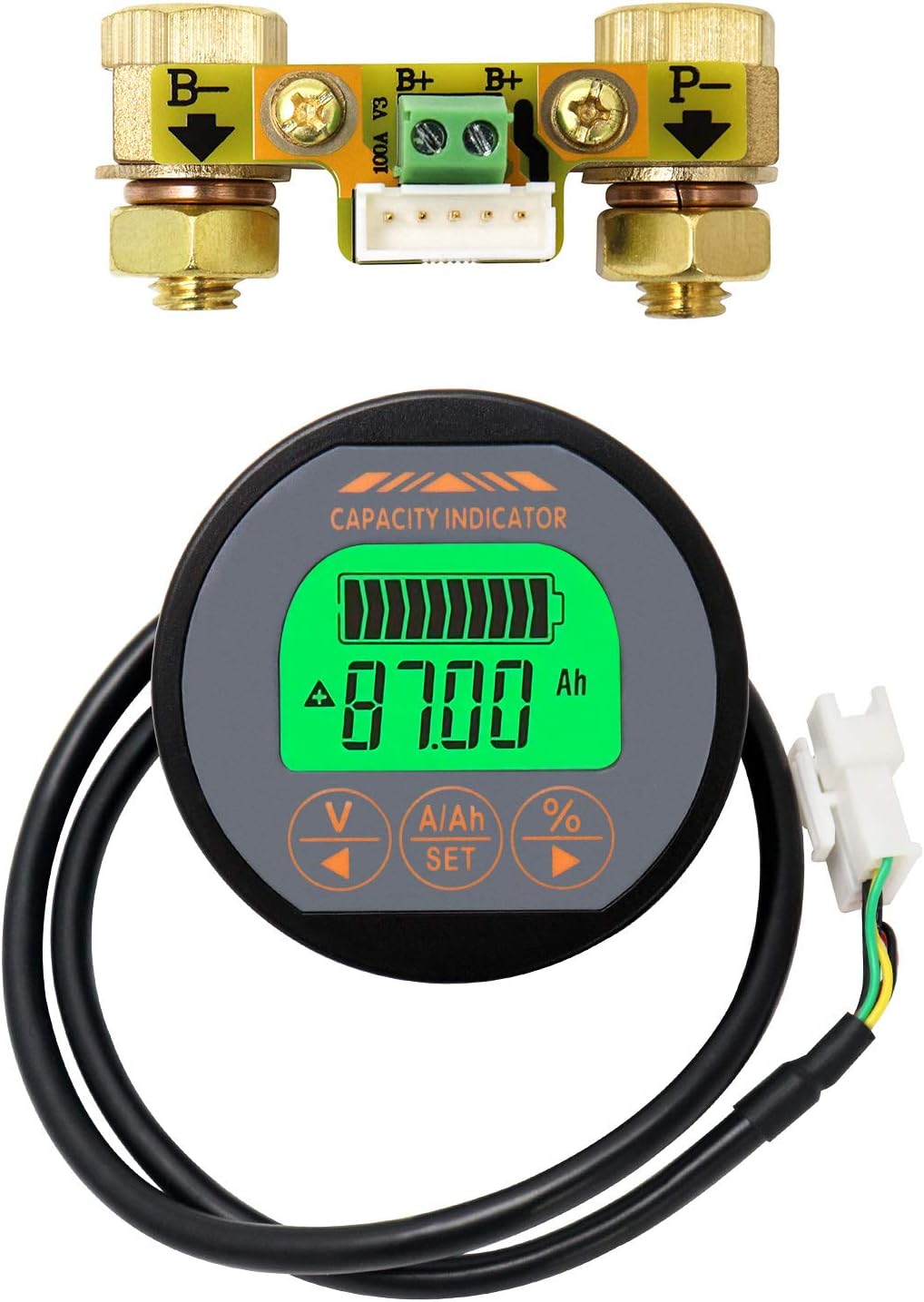 QWORK Battery Monitor Voltmeter Ammeter, Voltage Current Range 8V-80V, 0-100A Voltage Current Meter with 6.5 ft Custom Cable
