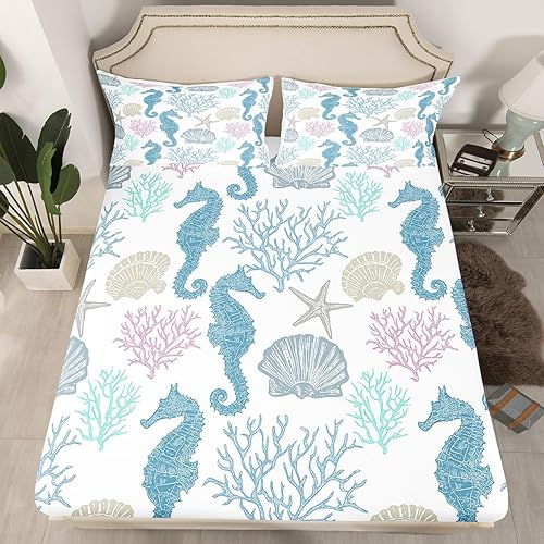 Miniatura 35 de Sábana bajera ajustable de olas oceánicas, tamaño Queen, estilo retro, brújula, velero, juego de ropa de cama náutica para mujeres, hombres y niños,