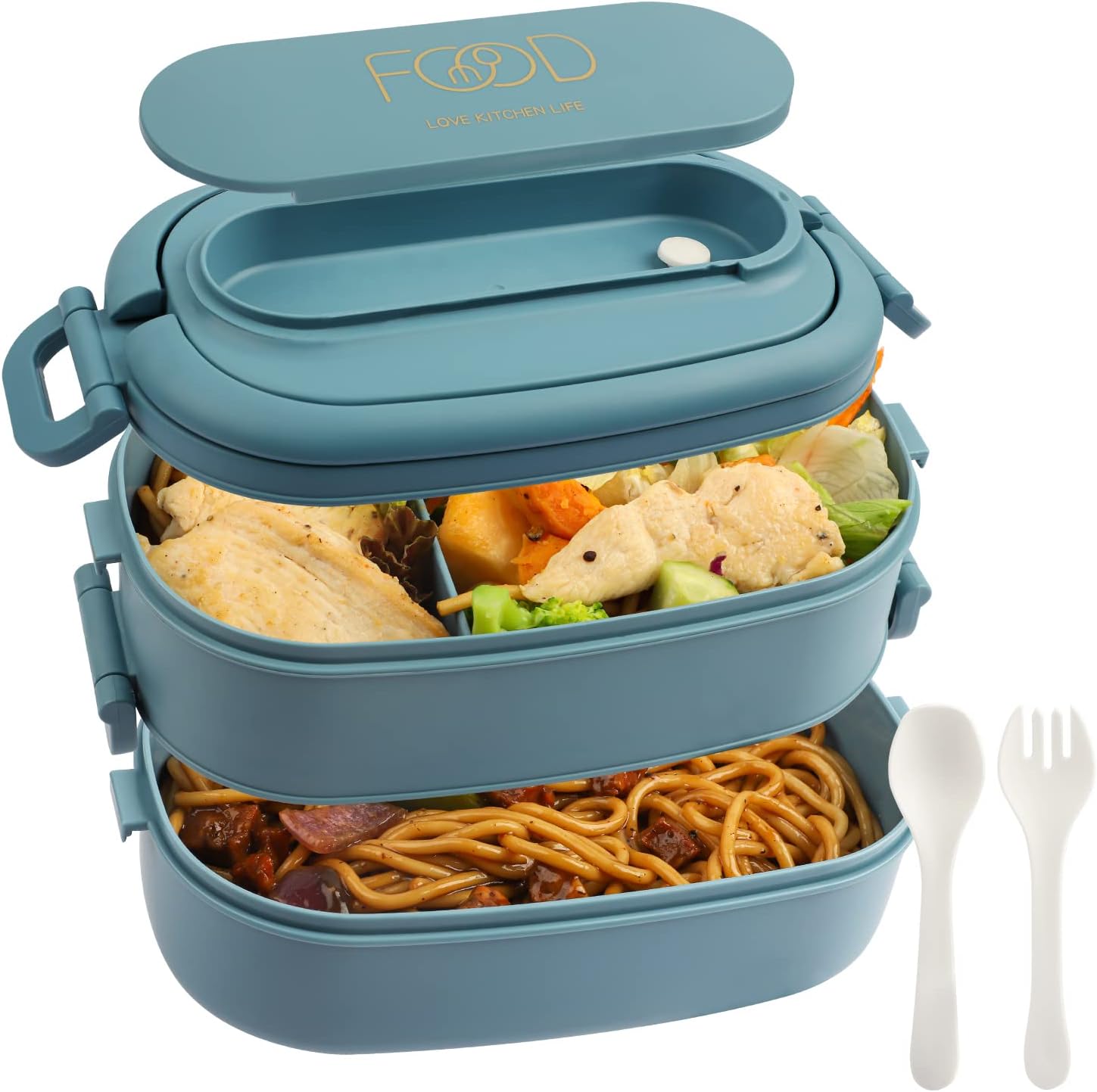 2 Layer Lunch Box, 1550ml Lunch Box for Adults, 3 Compartments Bento Lunchbox with Spoons and Forks, BPA-Free, Microwave Safe, 54.55 Capacity, Size 19.2x11.5x12cm, Light Blue